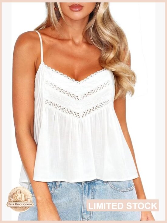 Tops - V Neck Lace Cami Babydoll Top Y2k Flowy Spaghetti Strap Summer Boho Tank